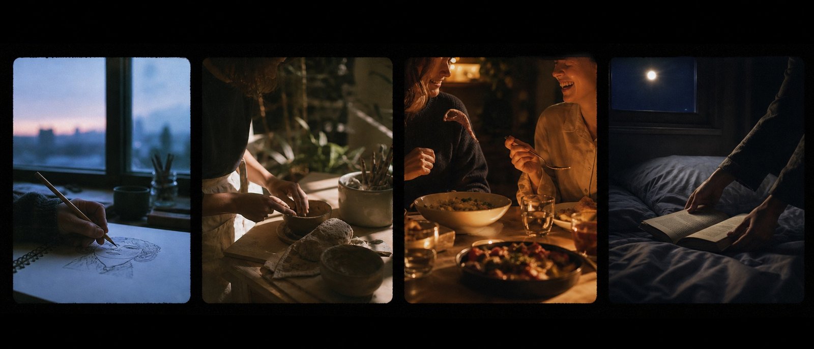 A film-like sequence of drawing at dawn, making something by hand, sharing dinner, and reading before sleep