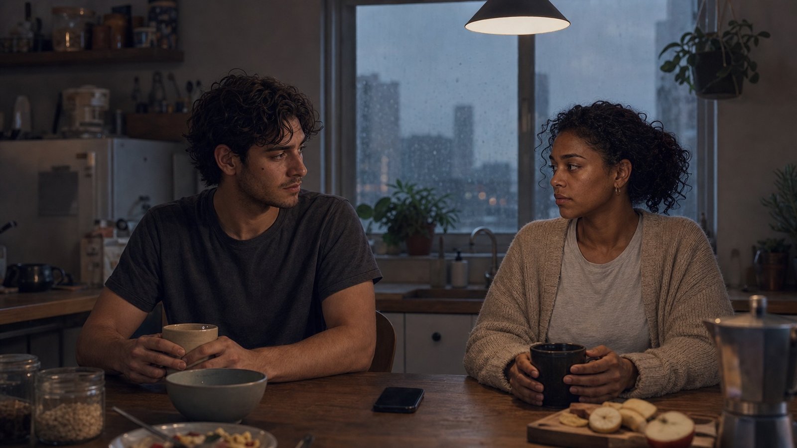 The same couple sits at their kitchen table on a rainy morning and looks at each other with a phone resting face down between them