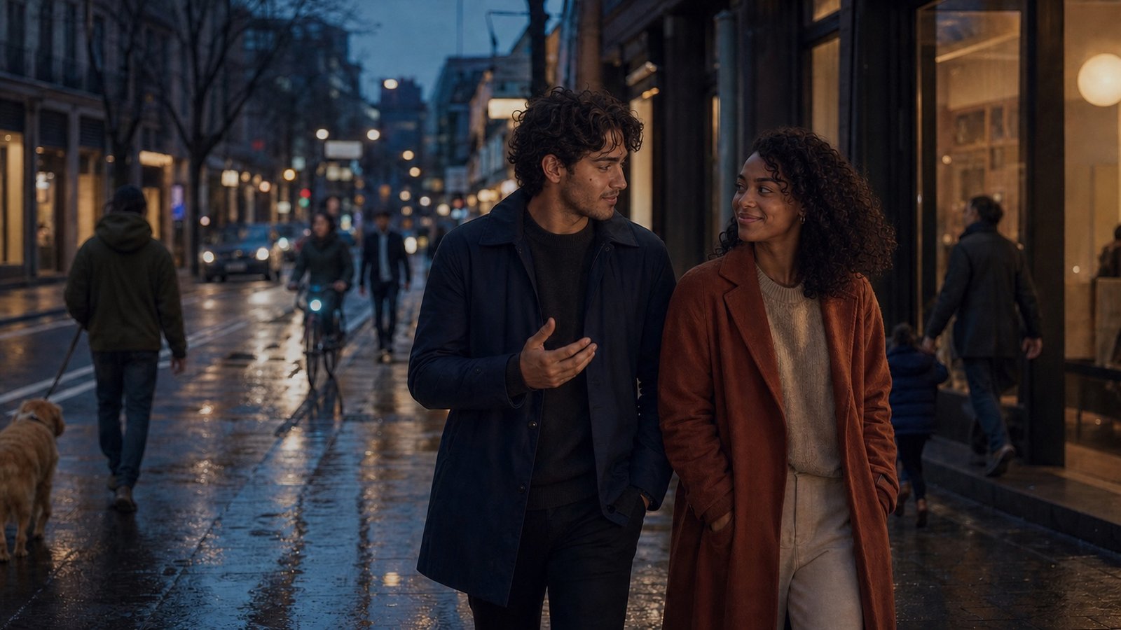 The couple walks together along a lively wet city street, sharing warm eye contact and small smiles while people move around them