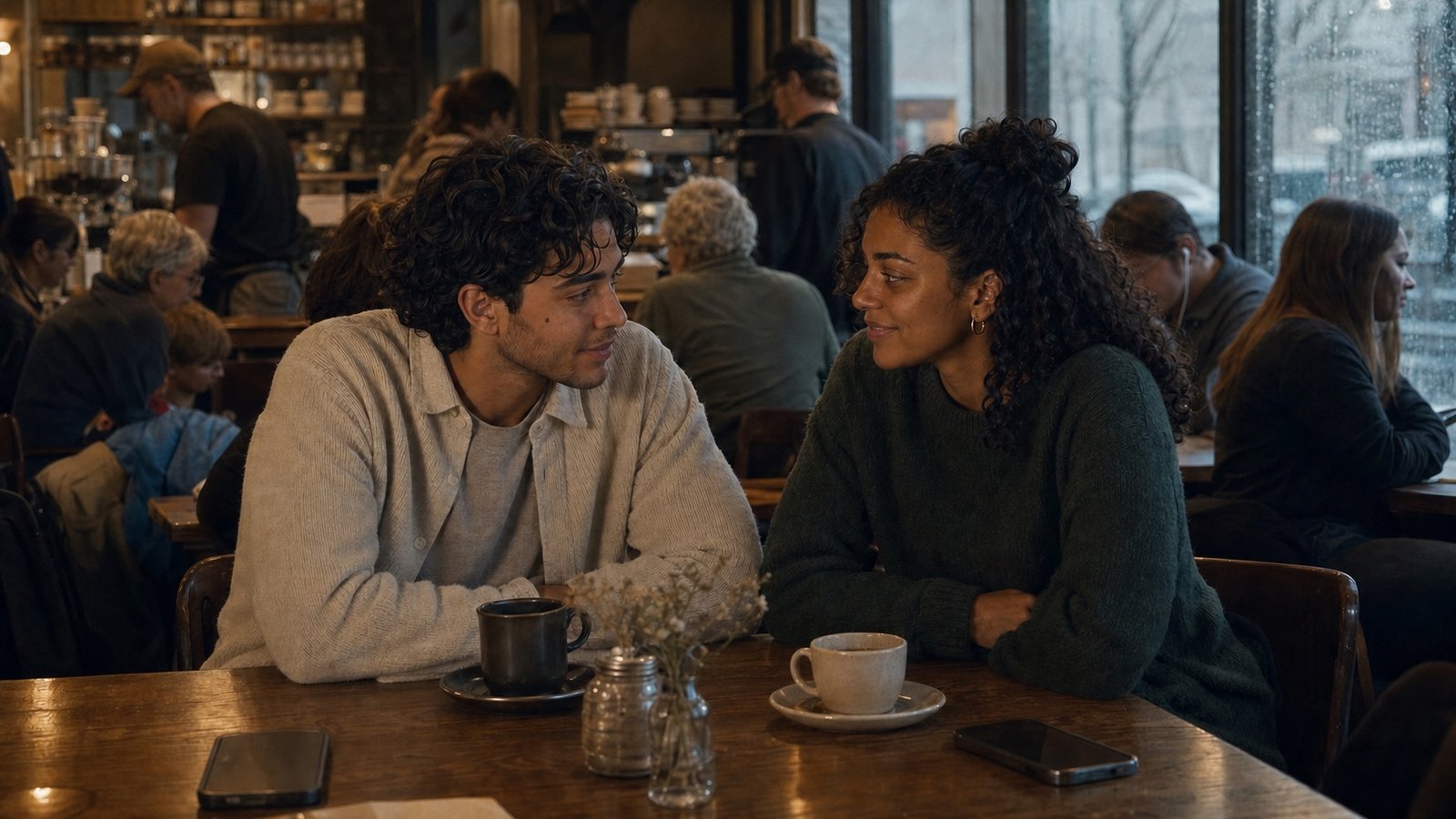 The couple leans toward each other with soft smiles and mutual eye contact in a crowded rainy-day café