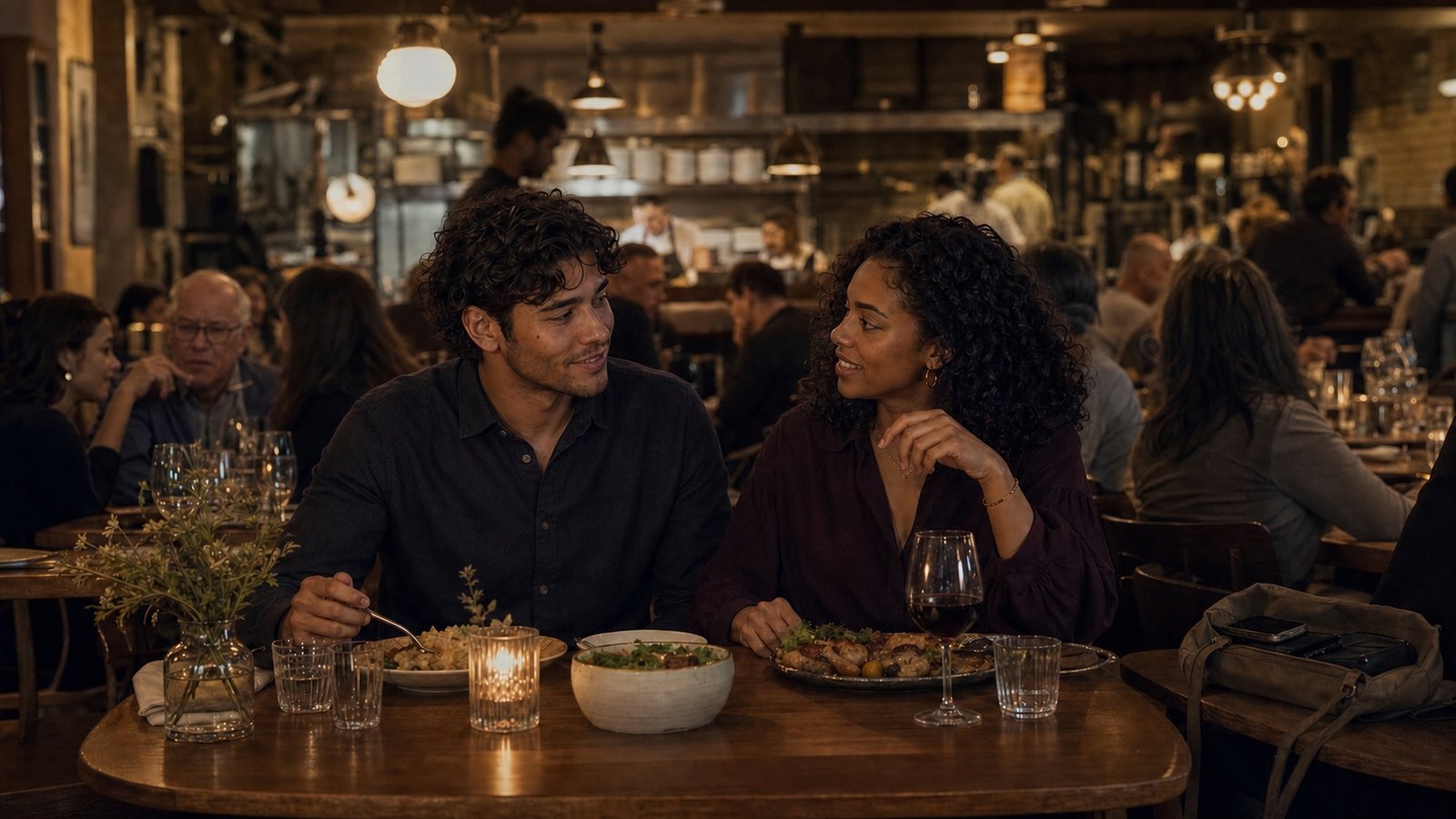 The couple shares warm eye contact and an easy smile over dinner in a busy neighborhood restaurant