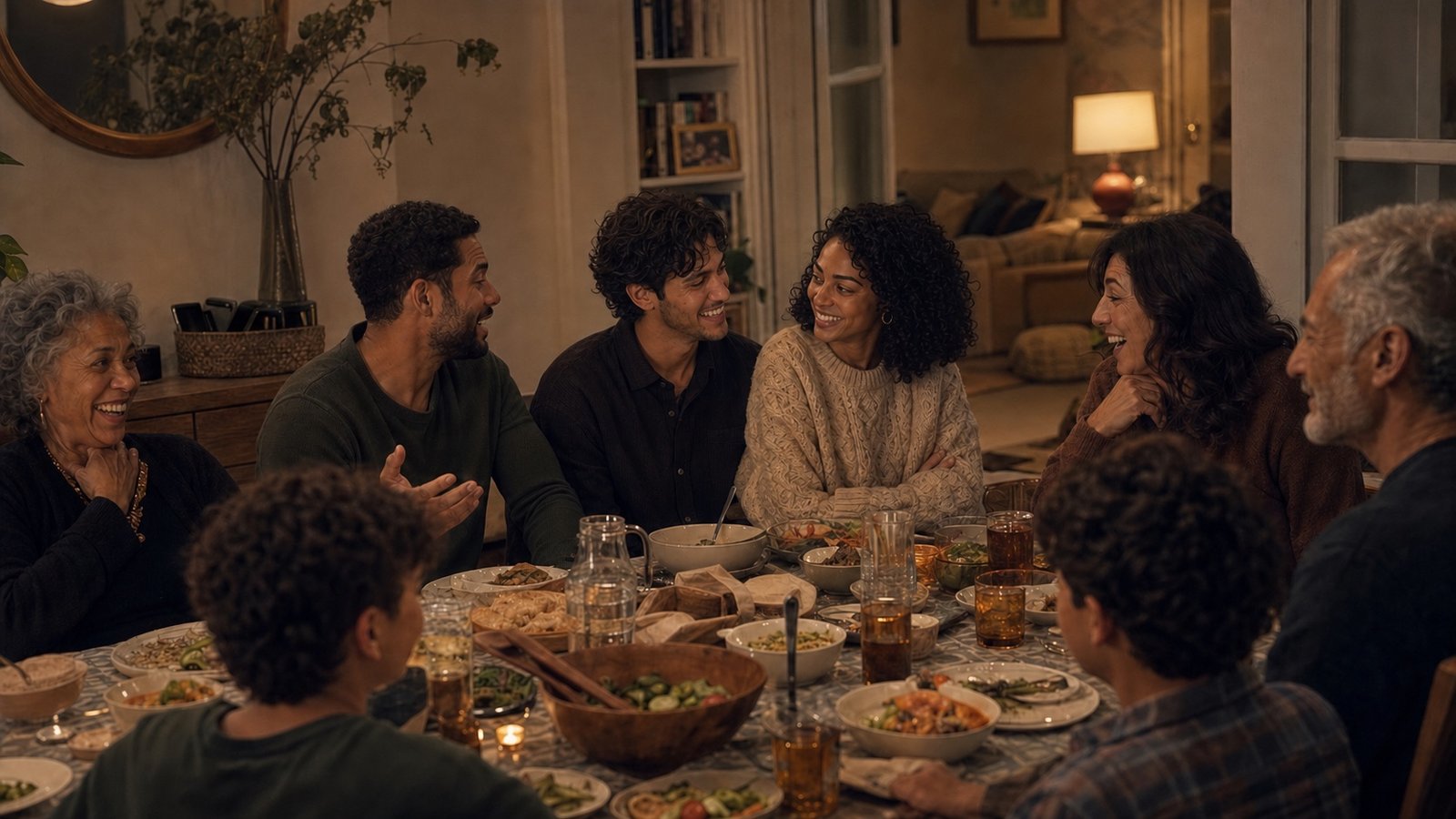 The couple laughs together during a lively multigenerational family dinner