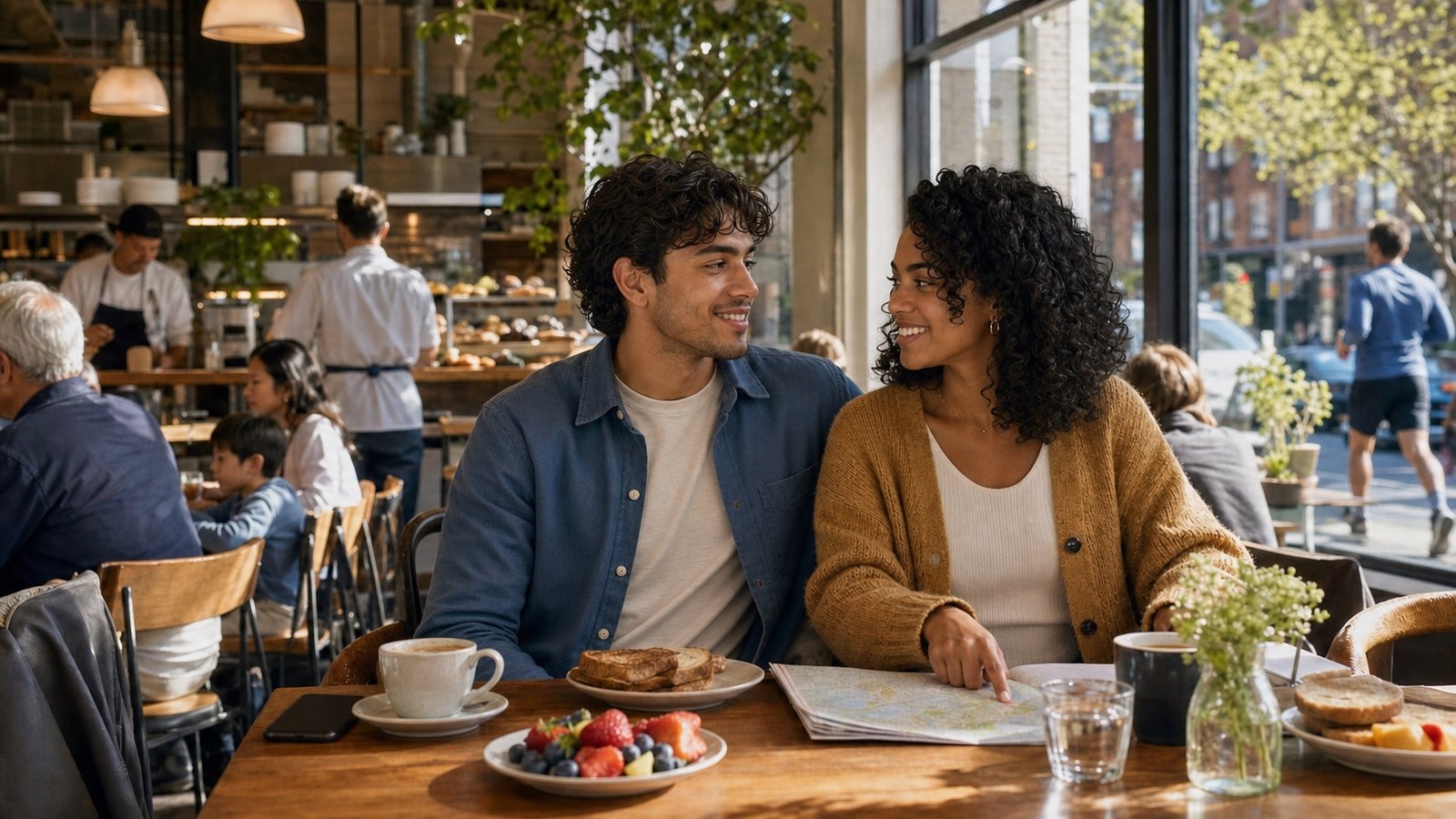 The couple smiles at each other while planning their day over breakfast, with a paper map open and a phone resting face-down beside the coffee