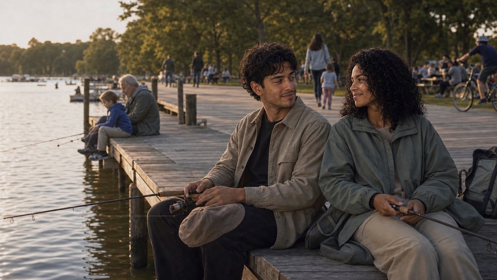 The couple shares a quiet amused smile while fishing beside each other on a lively public lakeside pier at golden hour