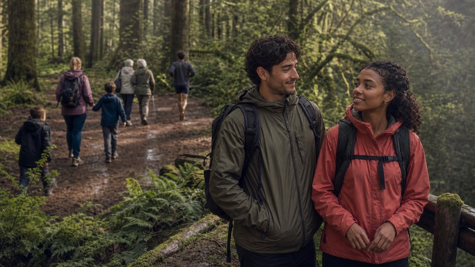 The couple exchanges an affectionate smile while walking together on a populated forest trail after rain