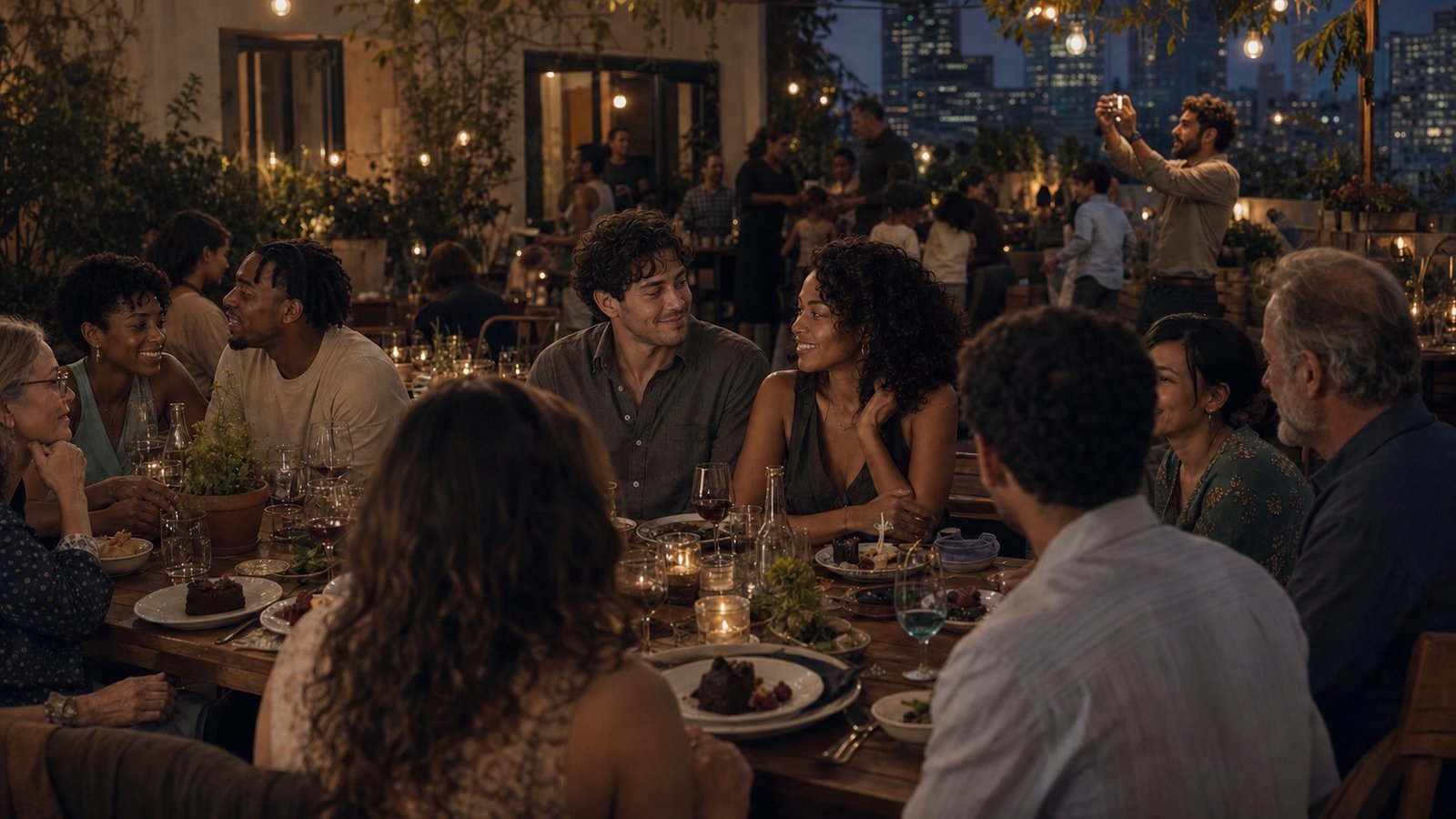 The couple smiles at each other among friends and family at a lively rooftop dinner while the city glows behind them