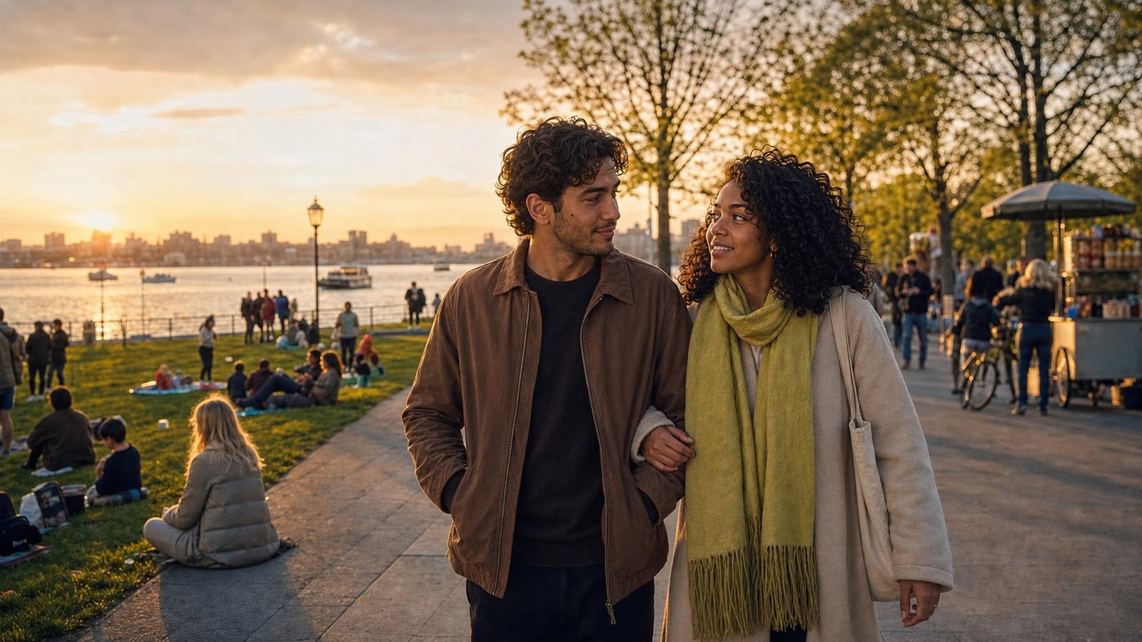 The couple walks arm-in-arm through a lively waterfront park at golden hour, looking at each other with warm relaxed smiles