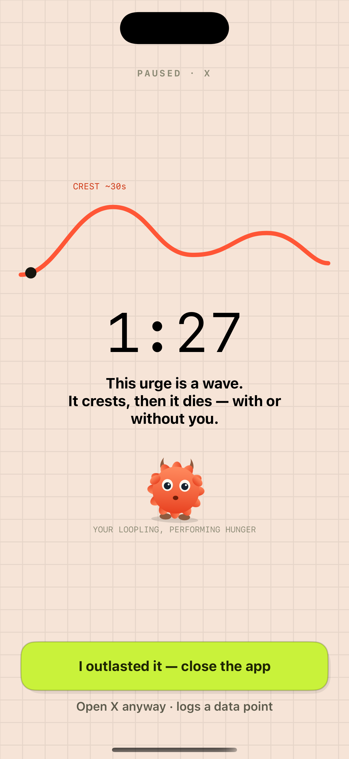 Real Unloop Pause screen showing the Urge wave, Outlasted action, and Open anyway data point